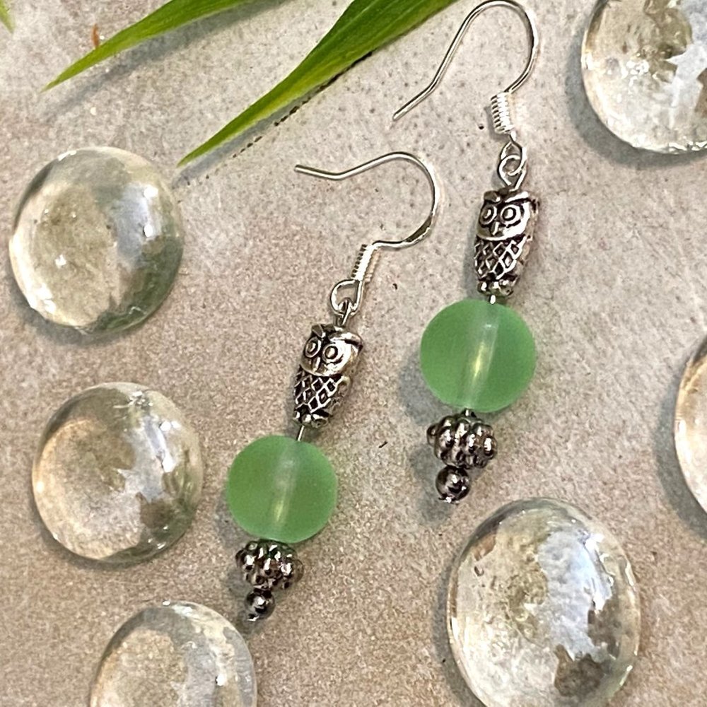 3/$25 Fun Silver Owl with Frosted Green Bead Dangle Earrings